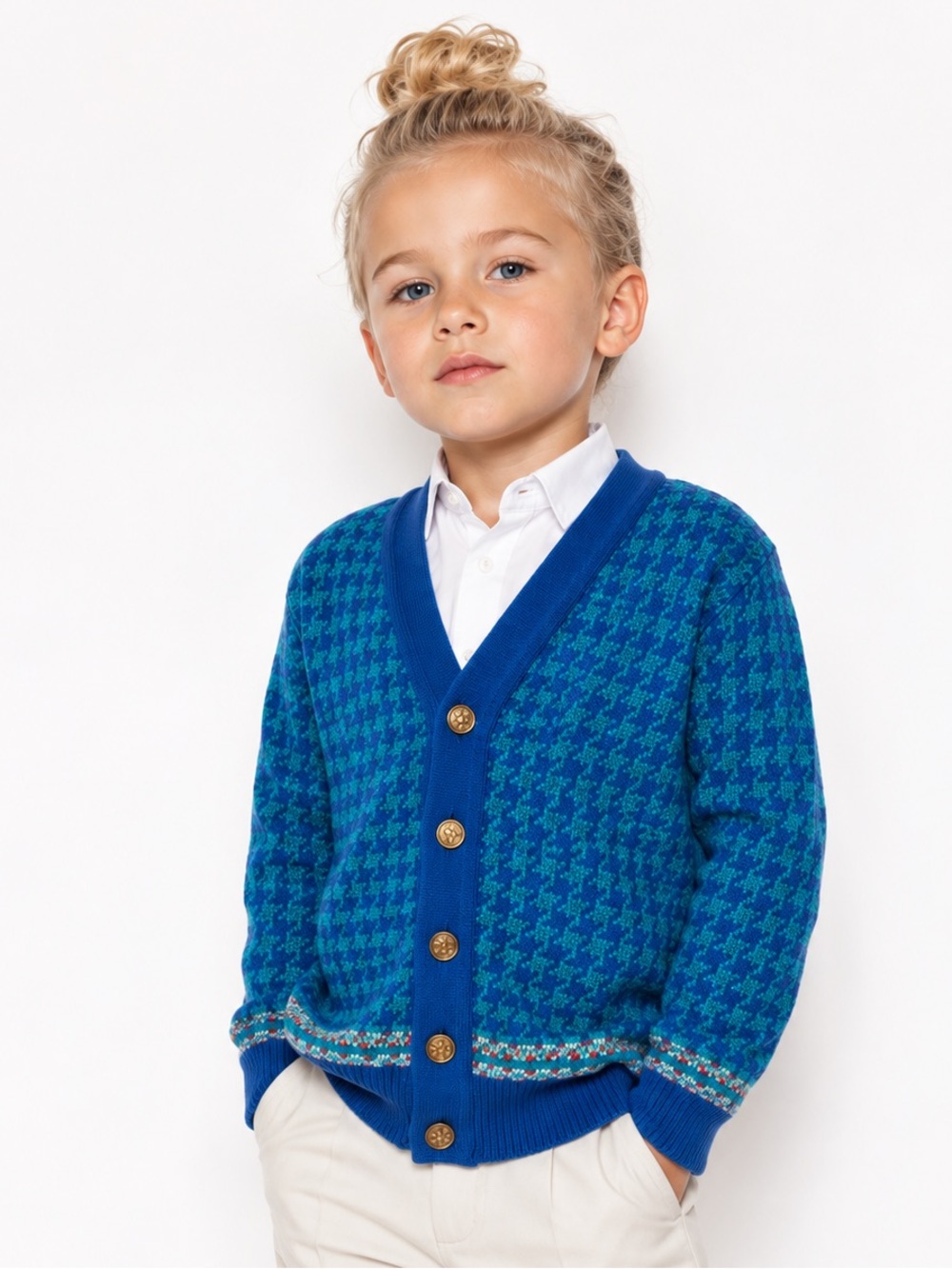 Kitestrings Cotton Knit Cardigan Made in USA Houndstooth Parisian Heirloom Teal